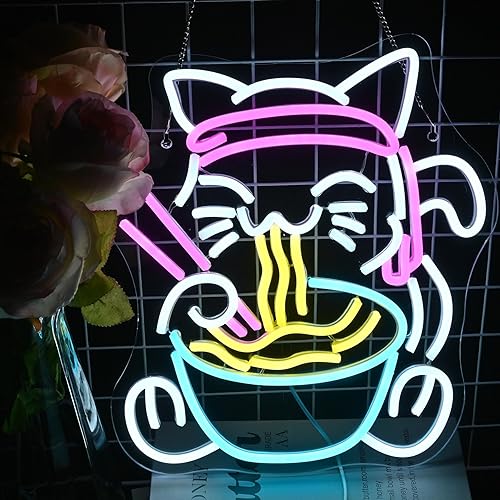 LUCUNSTAR Lucky Cat Ramen Neon Schild,Dimmbares Japanisches LED Schild,Leuchtschilder an der Wand,Light Signs für die Dekoration von Ladenschildern,Küche, Esszimmer, Hausbar,Wandkunst,Geschenke - qyx-Ramen Fortune Cat