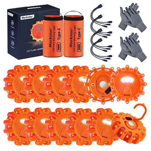 Markstor 12 Pack LED Road Flare Rechargeable,9 Flash Modes Emergency Car Kit,Roadside Safety Disc Flares Kit With Magnetic Base for Vehicle, 3 in 1 USB Cable Included（lithium battery） - 12
