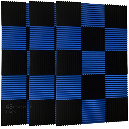 48 Pack Black blue 1" x 12" x 12" Acoustic Wedge Studio Foam Sound Absorption Wall Panels - BLACK blue