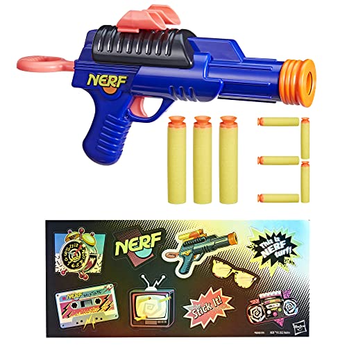 Nerf Sharp92 Blaster, 3 Nerf Suction Tip Darts, Sticker Sheet, Retro Nerf Blaster and Package, Toy Foam Blaster for Kids Outdoor Games