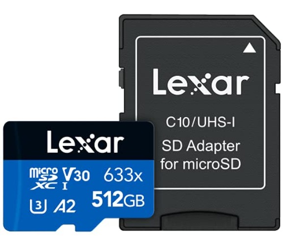 Lexar High-Performance 633x 512GB microSDXC UHS-I Card w/ SD Adapter, C10, U3, V30, A2, Full-HD & 4K Video, Up To 100MB/s Read, for Smartphones, Tablets, and Action Cameras (LSDMI512BBNL633A) - 512GB - Single