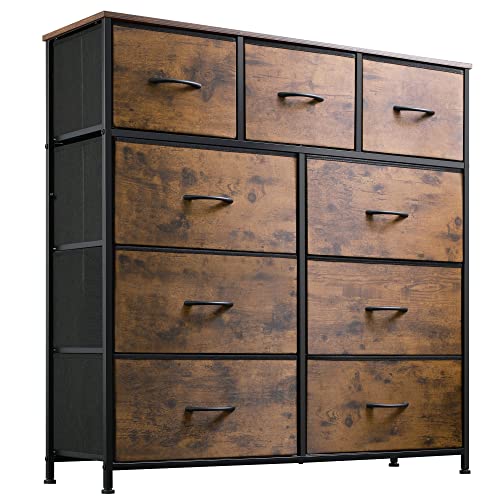 WLIVE 9-Drawer Dresser, Fabric Storage Tower for Bedroom, Hallway, Closet, Tall Chest Organizer Unit with Fabric Bins, Steel Frame, Wood Top, Easy Pull Handle, Rustic Brown Wood Grain Print - Rustic Brown Wood Grain Print - Modern