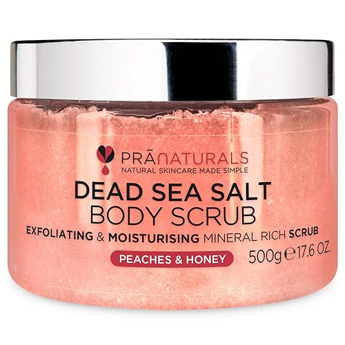 PraNaturals Dead Sea Salt Body Scrub 500G – Hydrating & Moisturising, Natural Oils & Minerals, Exfoliating, Softening & Nourishing, All Skin Types, No Parabens, Vegan & Cruelty Free (Peaches & Honey) - Peaches & Honey