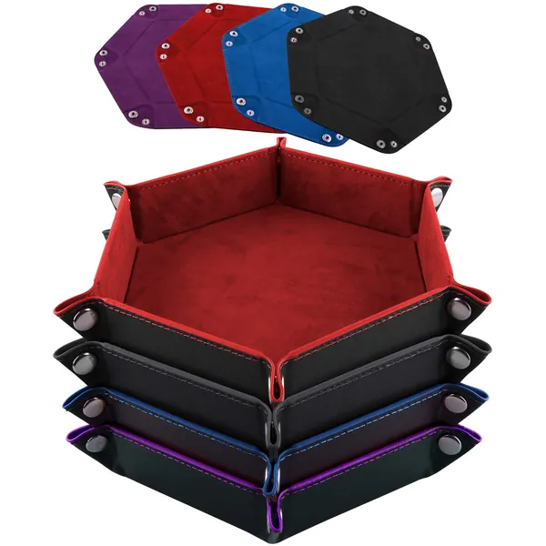SIQUK 4 Pieces Dice Tray Set Foldable Dice Trays Hexagon Dice Rolling Tray PU Leather Dice Holder for Dice Games Like RPG, DND and Other Table Games (Red, Black, Blue and Violet) - Red, Black, Blue and Violet