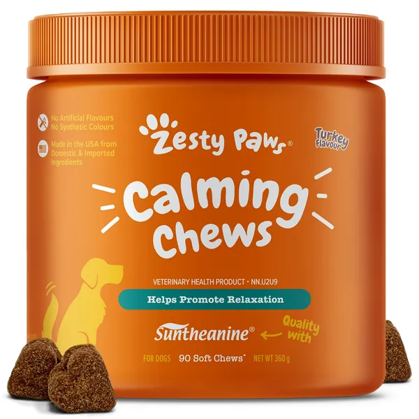 Zesty Paws Calming Soft Chews for Dogs - Helps Promote Relaxation & Calmness - with Suntheanine, Ashwagandha & Chamomile – for Thunderstorms, Fireworks & Travel - Turkey Flavour - 90 Count