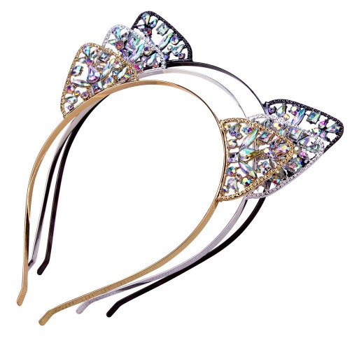 AWAYTR 3PC - Crystal Cat Ears Headband For Women Girls Headwear Hair Accessories (Floral) - Floral