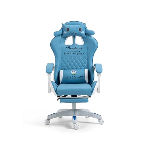 WINGOMART PU Faux Leather Gaming Chair - Racing Video Game Chairs - Computer Adjustable High-Back Ergonomic Office Chair - Recliner, Swivel, Rocker - w/Lumbar Support and Footrest (Blue)