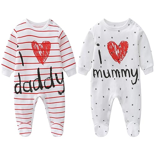 AOMOMO Baby Clothes Newborn Bodysuits I Love Daddy Mummy Romper Set, Cotton Footed Pajamas for Baby Girls and Boys - 0 Months - White