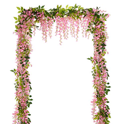 Lvydec Wisteria Artificial Flowers Garland, 4 Pcs Total 28.8ft Artificial Wisteria Vine Silk Hanging Flower for Home Garden Outdoor Ceremony Wedding Arch Floral Decor (Pink) - Pink