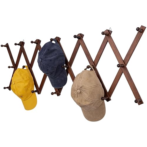 SCUNDA Accordion Wall Hanger with 20 Hooks, Expandable Wall Hat Display Rack, Wooden Wall Hook for Coat, Hats, Baseball Caps, Coffee Mug, Jewelry(Brown) - 20 Hooks - Brown