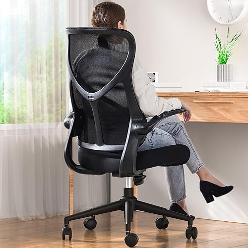 Sweetcrispy Ergonomic Office Desk Computer Chair, Comfy High Back Swivel Rolling Home Mesh Gaming Chairs with Wheels, Lumbar Support, Flip-up Arms,120°tilt for Bedroom, Study, Work, Black - High Back - Dark Black