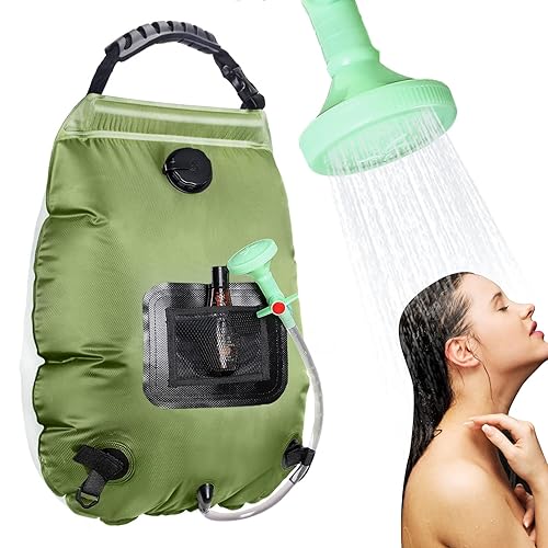 Unniweei Solar Portable Shower Bag, 5 Gal/20L Solar Heating Camping Shower Bag with Removable Hose&On-Off Switchable Shower Head, Compact Camping Shower for Camping, Hiking, Traveling, Beach Swimming - Green