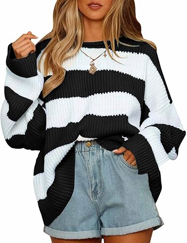 ZESICA Women's Fall Long Sleeve Crew Neck Striped Color Block Comfy Loose Oversized Knitted Pullover Sweater - Blackstriped - Medium