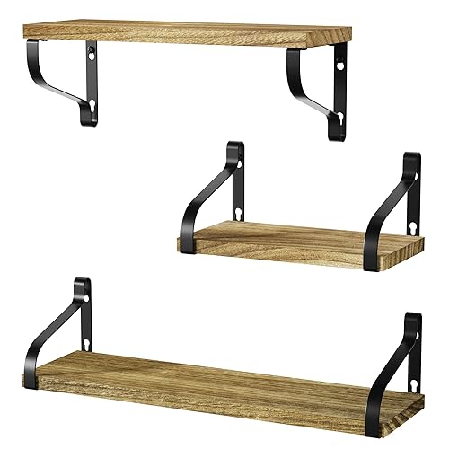 Love-KANKEI Floating Shelves Wall Mounted Set of 3, Rustic Wood Wall Storage Shelves for Bedroom, Living Room, Bathroom, Kitchen, Office and More Carbonized Black - Carbonized Black - Medium