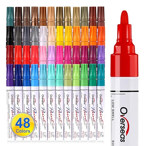 Paint Marker Pens - 48 Colors Permanent Oil Based Paint Markers, Medium Tip, Quick Dry and Waterproof Assorted Color Marker for Metal, Wood, Plastic, Rock Painting, Stone, Canvas, Glass, Ceramics - 1 Count (Pack of 48)