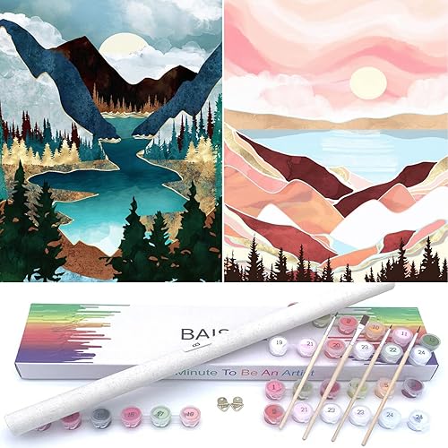BAISITE Paint by Numbers Kit for Adults Beginners,12" Wx16 L 2 Pack Canvas for Painting Kits for Adults in Colorful Box-Sunset Lake Mountains1112 - BAIPBN1112