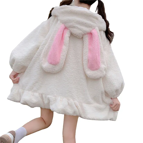 Cute Kawaii Bunny Hoodie Jacket Coats for Women Fashion Fuzzy Fluffy Rabbit Hooded Sweatshirt - White Medium