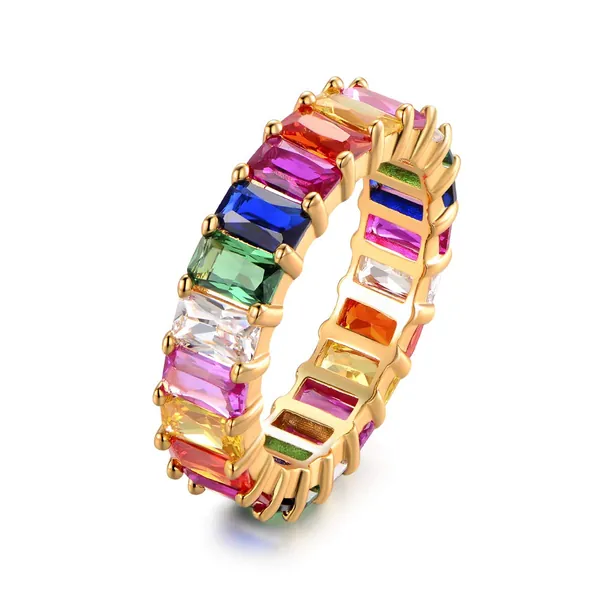 Eternity Rainbow Ring Wedding Band for Women | 18K Gold Plated Emerald-Cut Rainbow Multi Color Created-Gemstone Eternity Ring - Gold 6