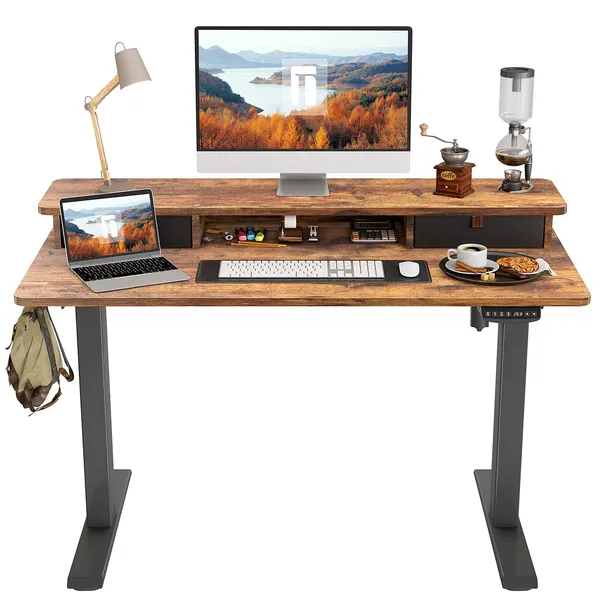 FEZIBO Height Adjustable Electric Standing desk with Double Drawer, 48 x 24 Inch Table with Storage Shelf, Sit Stand Desk with Splice Board, Black Frame/Rustic Brown Top, 48 inch - 48 inch Rustic Brown