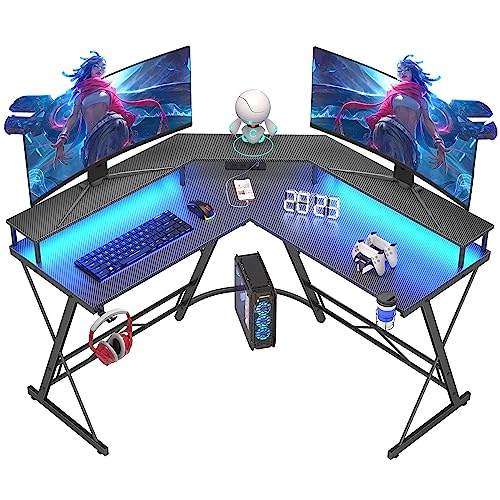 Mr IRONSTONE Gaming Desk with Led Lights ＆Power Outlet, L Shaped Computer Corner Desk with Cup Holder ＆ Headphone Hook, Carbon Fiber Home Office Desk with Large Monitor Stand, Black, 50'' - 50"