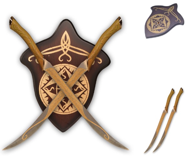 Elf Double Sword Without Scabbard，Legolas Cosplay Sword,Stainless Steel Blade,One Set of Two,with Display Board