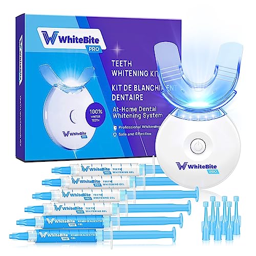 Whitebite Pro Teeth Whitening Kit for Sensitive Teeth with LED Light, 35% Carbamide Peroxide, (4) 3ml Gel Syringes, (2) Remineralization Gel and Mouth Tray - Blue