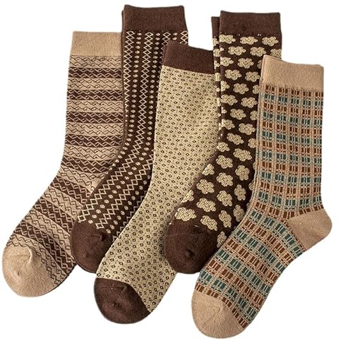 Kelabia 5 Pairs Vintage Cotton Socks Womens Cute Crew Socks Fall Aesthetic Long Socks Preppy Ankle Socks for Women - One Size - Brown