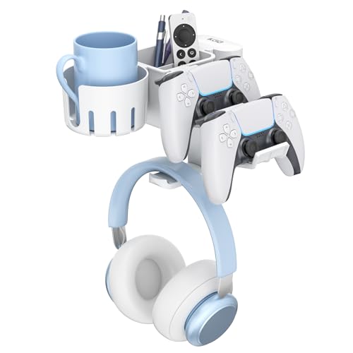 KDD Game Controller Stand - 5 in 1 Rotating Headphone Hanger Removable Controller Holder with Cup & Pen Holder - Desktop Storage Combination Holds Cup, Phones, Pen, Controller and Headphone (White) - White