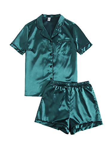 SweatyRocks Women's Short Sleeve Sleepwear Button Down Satin 2 Piece Pajama Set - Medium - Army Green