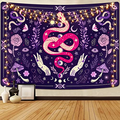 Boniboni Aesthetic Snake Tapestry Mushroom Tapestrys Moon Phase and Stars Tapestries Butterfly and Flowers Tapestry Witch Tapestry Wall Hanging for Room(59.1 x 82.7 inches) - Colorful - 59.1" x 82.7"