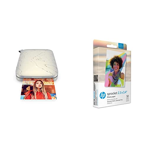 HP Sprocket Select Portable 2.3x3.4" Instant Photo Printer (Eclipse) with HP Sprocket 2.3 x 3.4" Premium Zink Sticky Back Photo Paper (50 Sheets) - 50 Pack Paper Bundle