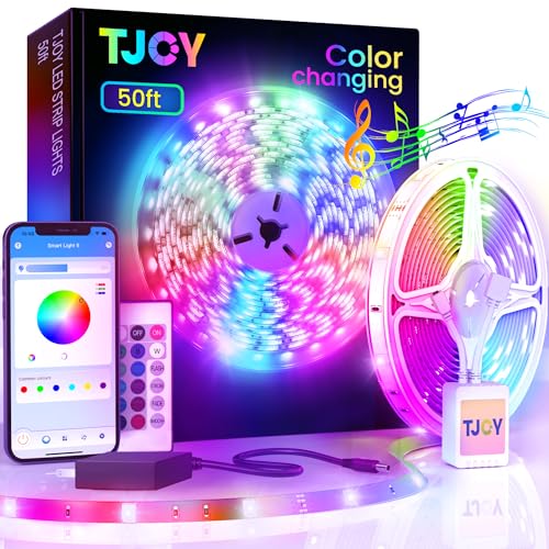 TJOY 50ft Bluetooth LED Strip Lights, Music Sync 5050 LED Light Strip RGB Color Changing LED Lights Strip with Phone Remote, LED Lights for Bedroom Kitchen TV Party TIKTOK DIY (APP+Remote +Mic) - 50ft