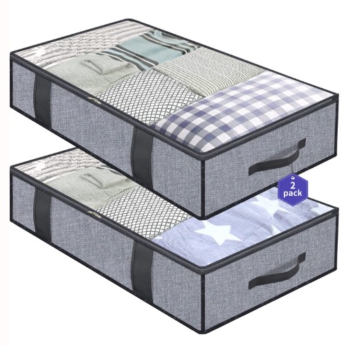 Onlyeasy Foldable Underbed Bags - 2 Pack Blankets Clothes Comforters Storage Bag Breathable Zippered Organizer for Bedroom with Clear Window and 4 Handles, 39.4x19.7x5.9 in, Linen-like Grey, MXDUBBP2 - Basic Soft Side Wall - Linen Like Grey