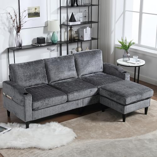 Suheww Gray L Shaped Sectional Couches, 3 Seat Convertible Sectional Sofa Couch with Storage Ottoman, Cup Holder, Side Pocket, Chenille Modular Sectional Sofa for Apartment, Small Space - Grey