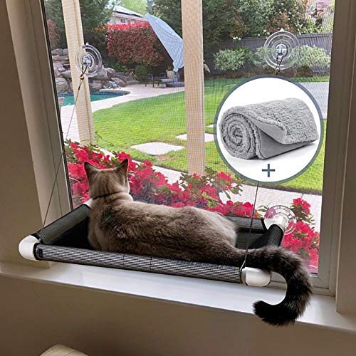 Lcybem Cat Window Perch - Cat Hammocks for Window with Plush Pad, Space Saving Cat Bed, Pet Resting Seat Safety Holds Two Large Cats, Providing All Around 360° Sunbathe for Indoor - with pad