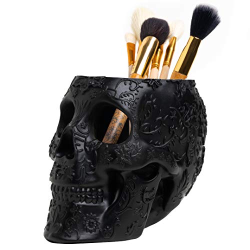 Skull Makeup Brush and Pen Holder Extra Large, Strong Resin Extra Large Halloween By The Wine Savant (Black) - Black