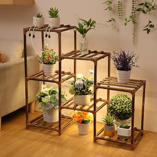 Dreyoo Plant Stand with Grow Lights, Wood Plant Shelf with Full Spectrum Grow Lamp for Indoor Corner, Vintage Multiple Tiered Flower Pot Stands Rack for Living Room Balcony Display (7 Tiers Shape) - 7 Tiers Shape
