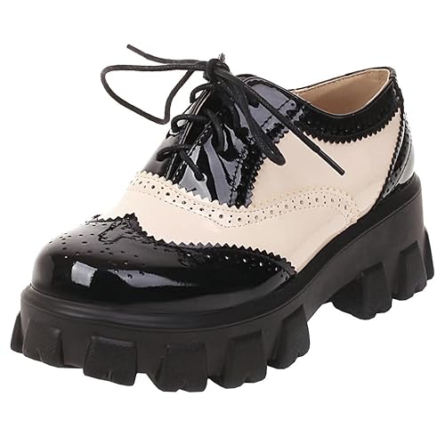 Parisuit Womens Lace Up Wingtip Chunky Oxford Shoes Patent Leather Platform Brogue Pumps - 8.5 - Black