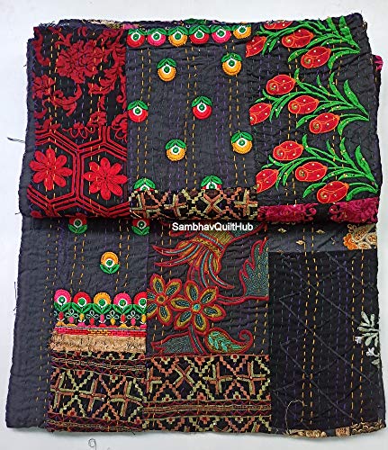 Embrodiery Beautiful Handmade Vintage Silk Sari Jari Patchwork Khambhadiya Kantha Quilting Kantha Quilt Reversible Bed Cover Assoted Kantha Quilt Throw Blanket/Twin/Queen/King (Black, 50X70 inches) - Black - 50X70 inches