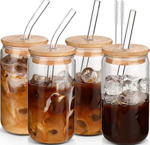 Glass Cups with Lids and Straws 4 pcs,16 oz Glass Cups for Coffee Bar Accessories-DWTS DANWEITESI Iced Coffee Cups with Lids,Drinking glasses Set,Coffee Cups Glass Tumbler with Straw and Lid for Gifts - 4 - Blank Transparent Color