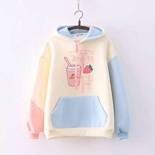 Kawaii Strawberry Drink Print Hoodies | Beige