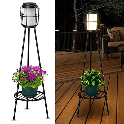 2 Pack Solar Lights Outdoor with Plant Stands, Solar Floor Lamp, Solar Powered Street Lights Metal Tripod Deck Lights for Garden Yard Pathway Driveway Porch - 36in Black
