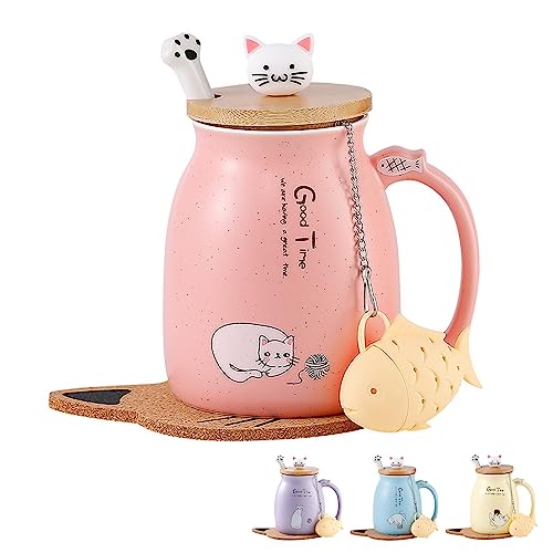 BigNoseDeer Tea Cup Pink Cat Mug Cute Ceramic Coffee Mugs with Lid Spoon Fish Tea Infuser Anime Kitty Coaster Kawaii Cups Cat Gifts for Cat lovers Tea Gifts Christmas Mug Gifts Birthday Gifts 380ML - Pink