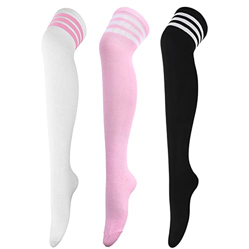 DRESHOW 3 Pairs Thigh High Socks Striped Over Knee Thin Tights Long Stocking Knee High Leg Warmer - 3 Pairs C: White/Pink/Black