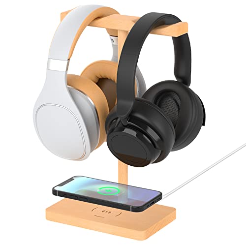 Headphone Stand Wood for Desk with Wireless Charger - ForTidy Gaming Headset Stand Holds Dual Universal VR Headset and Smart Watch,Support 15W Fast Charging, Type-C Cord Included - Brown