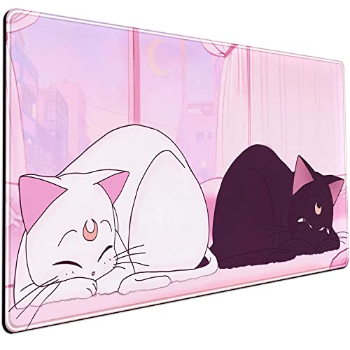 Desk Pad Pink Anime White Cat Black Cat Gaming Mouse Pad Large, Desk Office Decor Exclusive Beautiful Girls Mouse Pad for Women Desktop with Stitched Edges Non-Slip Rubber Computer Mat 31.5x15.7 in - Rose pink