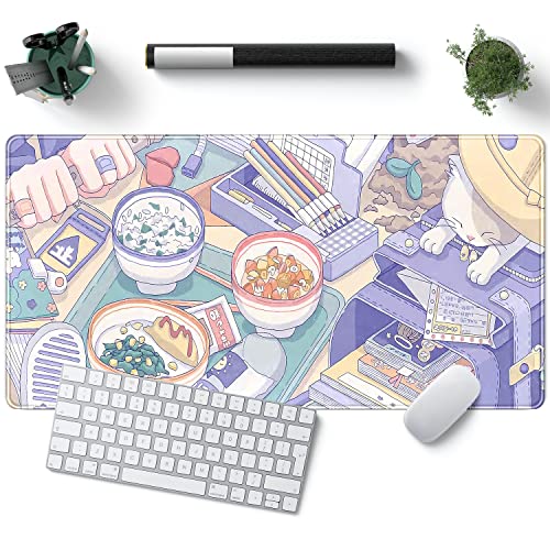 Anime Ramen Mouse Desk Pad XL Cute Purple Cat Extra Large Mouse Pads XXL,Pc Laptop Office Keyboard Large Mousepad for Office and Home Work,Desk Protector Non-Slip Aesthetics Scenery Mouse Pads - B-cute Purple Cat