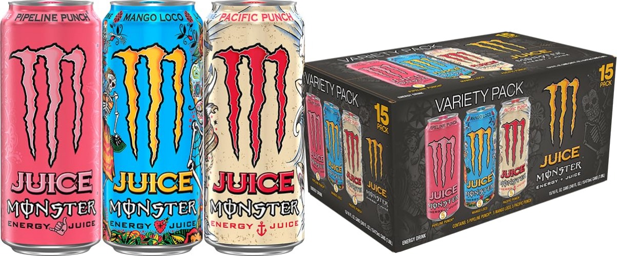 Monster Energy Juice Monster Variety Pack, Pipeline Punch, Mango Loco, Pacific Punch, Energy+Juice, Energy Drink, 16 Ounce (Pack of 15) - Papillon, Pacific Punch, Mango Loco - 15 Pack