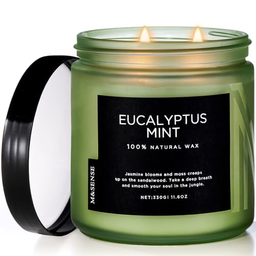 M&SENSE Eucalyptus Mint Soy Candles for Home Scented, 11.6oz 70 Hour Burn Aromatherapy Candle Gift for Stress Relief, Meditation, Yoga, Relaxing SPA, Reusable Jar Candles for Men and Women - Eucalyptus Mint