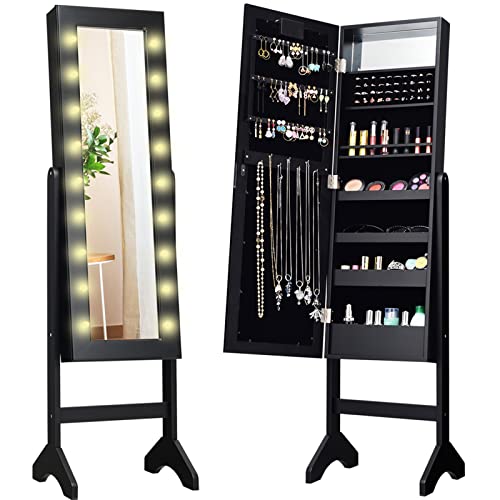 Giantex Standing Jewelry Armoire with 18 LED Lights Around the Door, Large Storage Mirrored Jewelry Cabinet with Full Length Mirror, 16 Lipstick Holders, 1 Inside Makeup Mirror (Black) - Black
